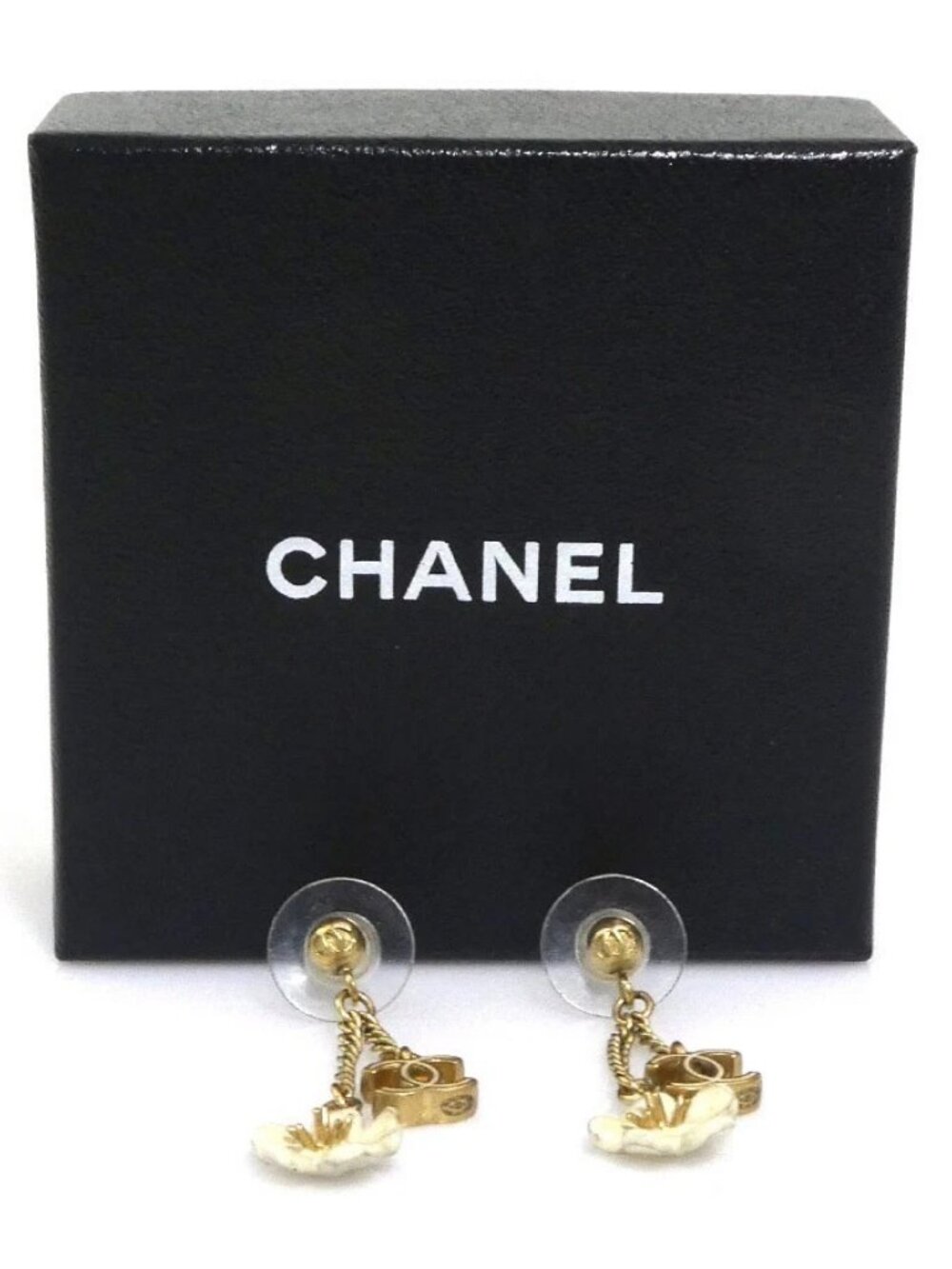 CHANEL CC Logo Camellia Pierce Earrings Gold/White Metal